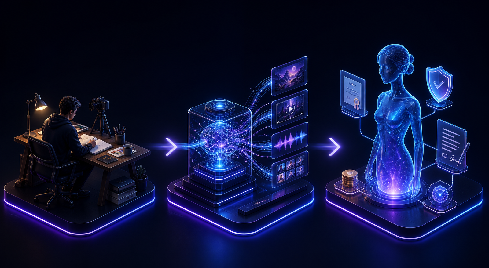 3D evolution from human creator to AI content engine to a rights-protected digital Persona