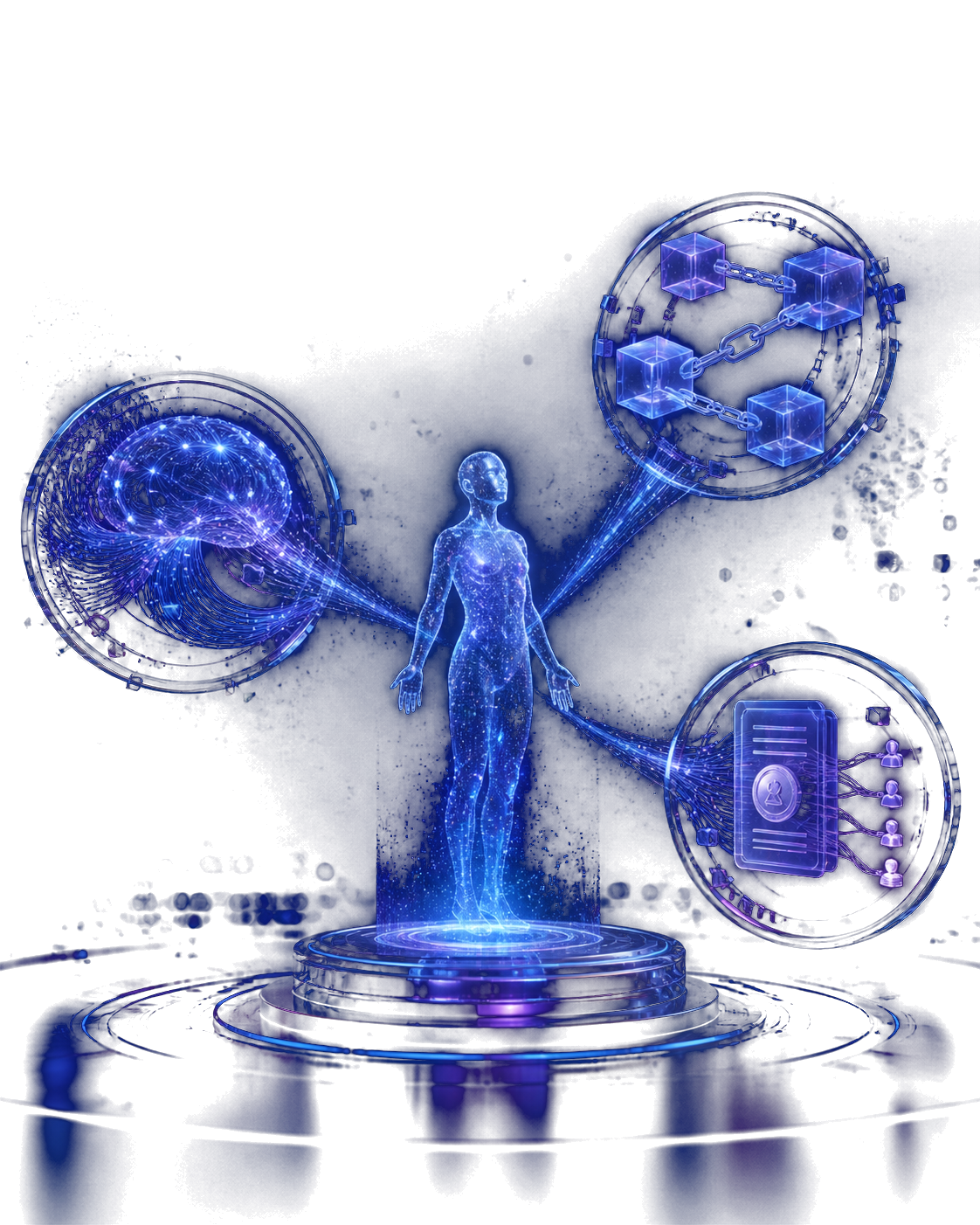 A holographic digital Persona connected to AI, blockchain, and licensing layers