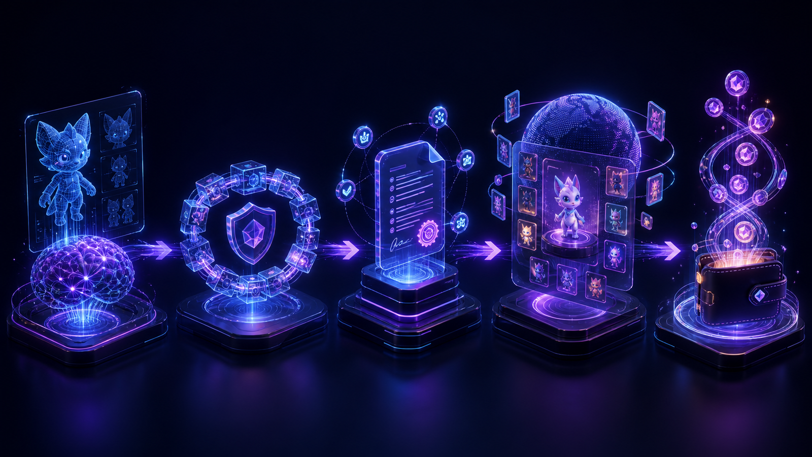 Ilustrasi 3D alur Persona: AI mencipta, blockchain membuktikan kepemilikan, smart contract melisensikan, marketplace mendistribusikan, dan royalti mengalir ke kreator.